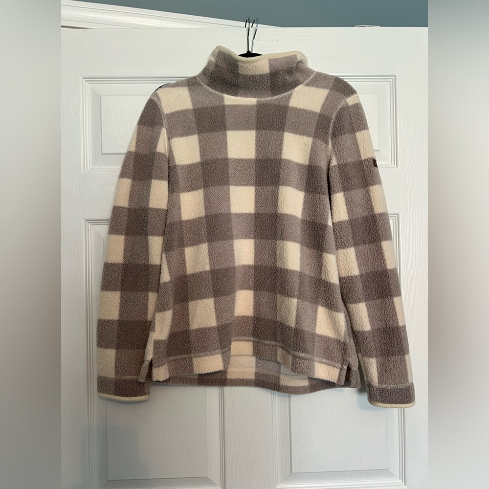 LL Bean women’s cozy cottage fleece funnel neck pullover - gray plaid size M